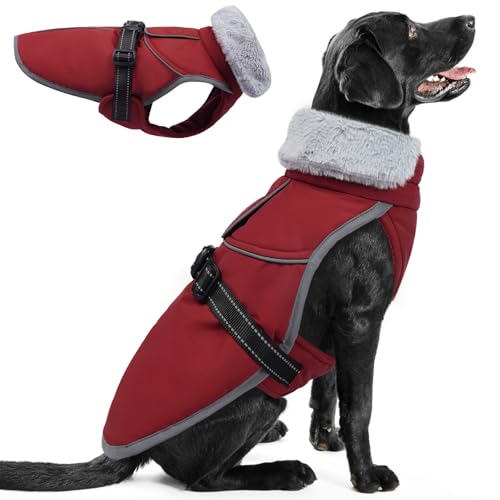 Lelepet Winter-Hundejacke, reflektierender warmer Mantel mit Schnalle, wasserdichtes Fleecefutter, Hundeweste für kaltes Wetter, weicher Wintermantel für große Hunde, Weinrot, 2XL von LeLePet