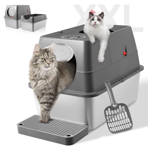 Katzenklo Edelstahl mit Deckel, XXL Geschlossen Katzentoilette Edelstahl, mit Hoher Rand Abnehmbar, leicht Reinigen, Nicht klebrig, Auslaufsicherer, Ohne Gerüche, Für Große Katzen, Mehrere Katzen von LeadGoods