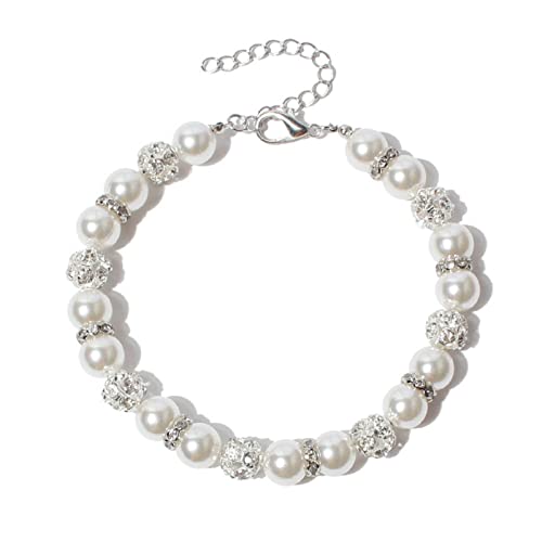 Leadthin Haustier-Halskette mit eingelegten Strasssteinen, weiße Welpen-Kunstperlen, Halskette für Hochzeiten, Hundehalsband von Leadthin