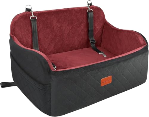 Lealchum Haustier-Autositz für große Hunde, weicher Stoff, Haustier-Reisebett-Füllung, Memory-Schaum, Zwei Sicherheitsleinen zum Anklippen, Autositz für Hunde (BlackRed, Large) von Lealchum