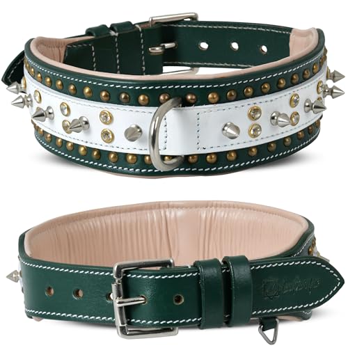 Leatherific Hundehalsband aus echtem Leder, hochwertig, gepolstert, stark, verschraubte Spikes, Größe M, L, XL, 5,1 cm breit, Waldgrün, Halsumfang 35,6 cm - 45,7 cm Leatherific Hundehalsband aus echtem Leder, hochwertig, gepolstert, stark, verschraubte Spikes, Größe M, L, XL, 5,1 cm breit, Waldgrün, Halsumfang 35,6 cm - 45,7 cm von Leatherific