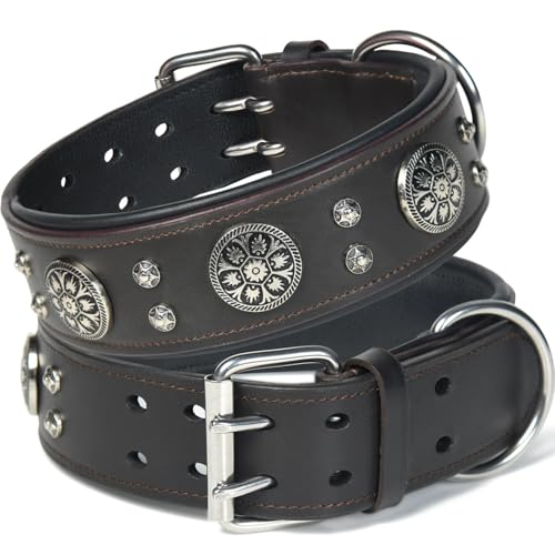 Handgefertigtes, 5,1 cm breites, strapazierfähiges Echtleder-Hundehalsband, weiches und luxuriöses Western-Design mit Doppelzinken-Schnalle, ideal für große und mittelgroße Hunderassen, Braun, Größe L von Leatherow