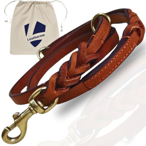 Leatherow Hundeleine, robuste Leder-Trainingsleine, Druckknöpfe aus massivem Messing und zwei Ringen (Tan, 1,2 m) von Leatherow
