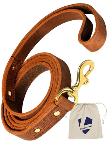 Premium-Hundeleine aus Leder, 1,8 m, strapazierfähig, weich, stark, für große und mittelgroße Rassen, Spazierengehen, Training, Wandern, Laufen, Messinghaken, Braun, 1,8 m x 2,5 cm von Leatherow