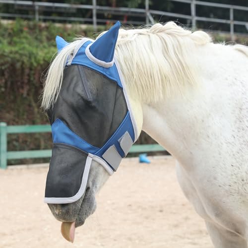 Leberna Feinmaschige Pferde Fliegenmaske Großer Augenraum Lange Nase mit Ohren UV-Schutz für Pferd (Königsblau, Pony) von Leberna