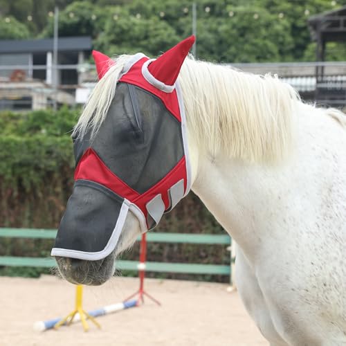 Leberna Feinmaschige Pferde Fliegenmaske Großer Augenraum Lange Nase mit Ohren UV-Schutz für Pferd (Rot, Cob) von Leberna