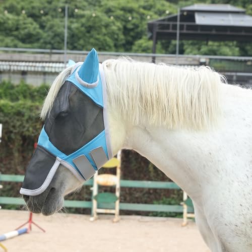 Leberna Feinmaschige Pferde Fliegenmaske Großer Augenraum Lange Nase mit Ohren UV-Schutz für Pferd (Seeblau, Pony) von Leberna