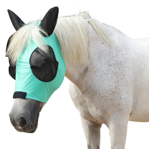 Leberna Fliegenmaske Pferd mit Ohren Glatt und Elastizität Fliegenmaske mit UV-Schutz (Grün, Pony) von Leberna