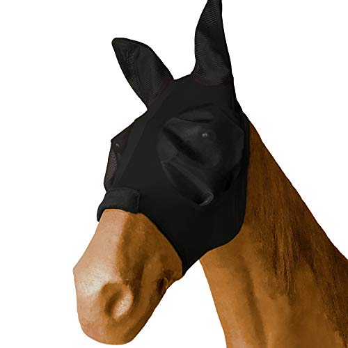Leberna Fliegenmaske für Pferde, Netzstoff, mit Ohren, weiches Lycra-Mesh-Maske, Anti-UV, mit Ohren, Cob, Schwarz von Leberna