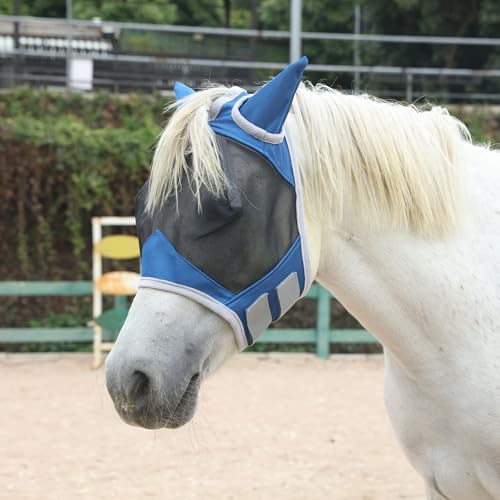 Leberna Fliegenmaske für Pferde mit Ohren, schützt Gesicht und Ohren sanft vor UV-Strahlen und Insekten (Königsblau, Pony) von Leberna