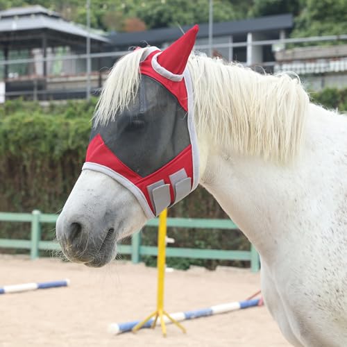Leberna Fliegenmaske für Pferde mit Ohren, schützt Gesicht und Ohren sanft vor UV-Strahlung und Insekten (Rot, Pony) von Leberna