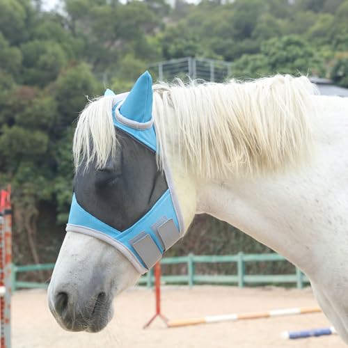 Leberna Fliegenmaske für Pferde mit Ohren, schützt Gesicht und Ohren sanft vor UV und vor Insekten (Seeblau, Pony) von Leberna