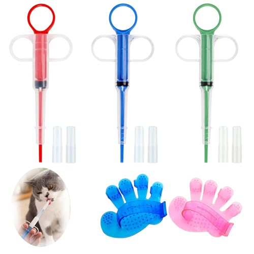 3 Stück Pet Pill/Tablet Spritze Medizin Feeder Wiederverwendbare Sicherheit Katze Hund Tier Pille Spender Werkzeug für Kleintiere, mit Pet Grooming Handschuh, Pet Brush (Multicolor) von Lechengjia