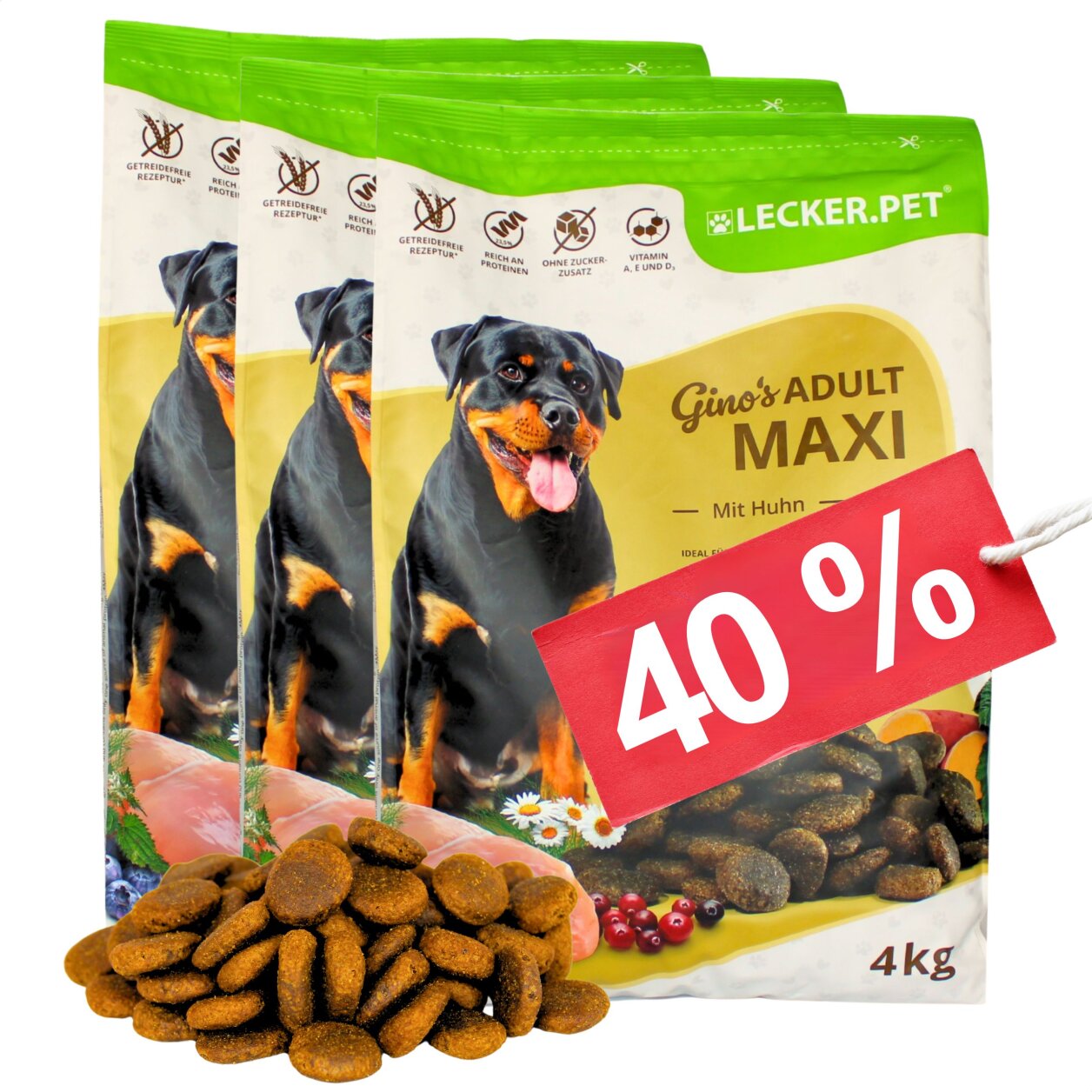 12 kg Lecker.Pet® Gino's Adult Maxi mit Huhn Hundefutter Trockenfutter Vollnahrung MHD 4/2026 von Lecker.Pet