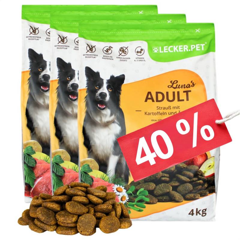 12 kg Lecker.Pet® Luna's Adult Strauß mit Kartoffel & Apfel Hundefutter Trockenfutter Vollnahrung MHD 3/2026 von Lecker.Pet