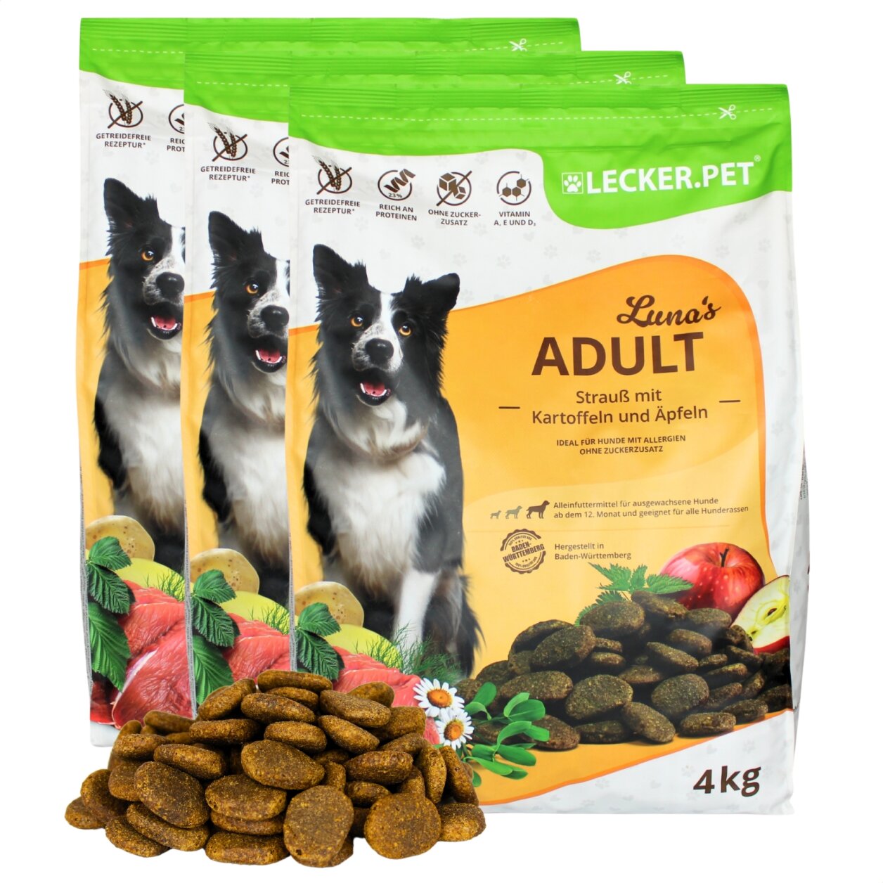 12 kg Lecker.Pet® Luna's Adult Strauß mit Kartoffel & Apfel Hundefutter Trockenfutter Vollnahrung von Lecker.Pet