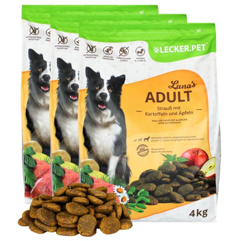12 kg Lecker.Pet® Luna's Adult Strauß mit Kartoffel & Apfel Hundefutter Trockenfutter Vollnahrung von Lecker.Pet