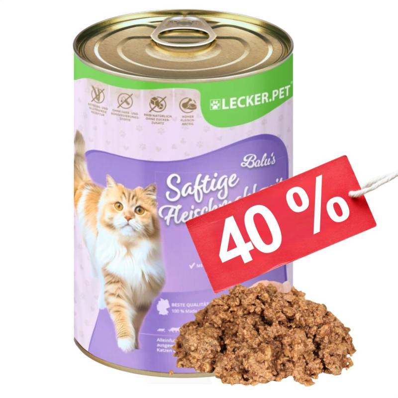 12 x 400 g Lecker.Pet® Balu's Saftige Fleischmahlzeit mit Huhn Katzenfutter Nassfutter MHD 10/2026 von Lecker.Pet