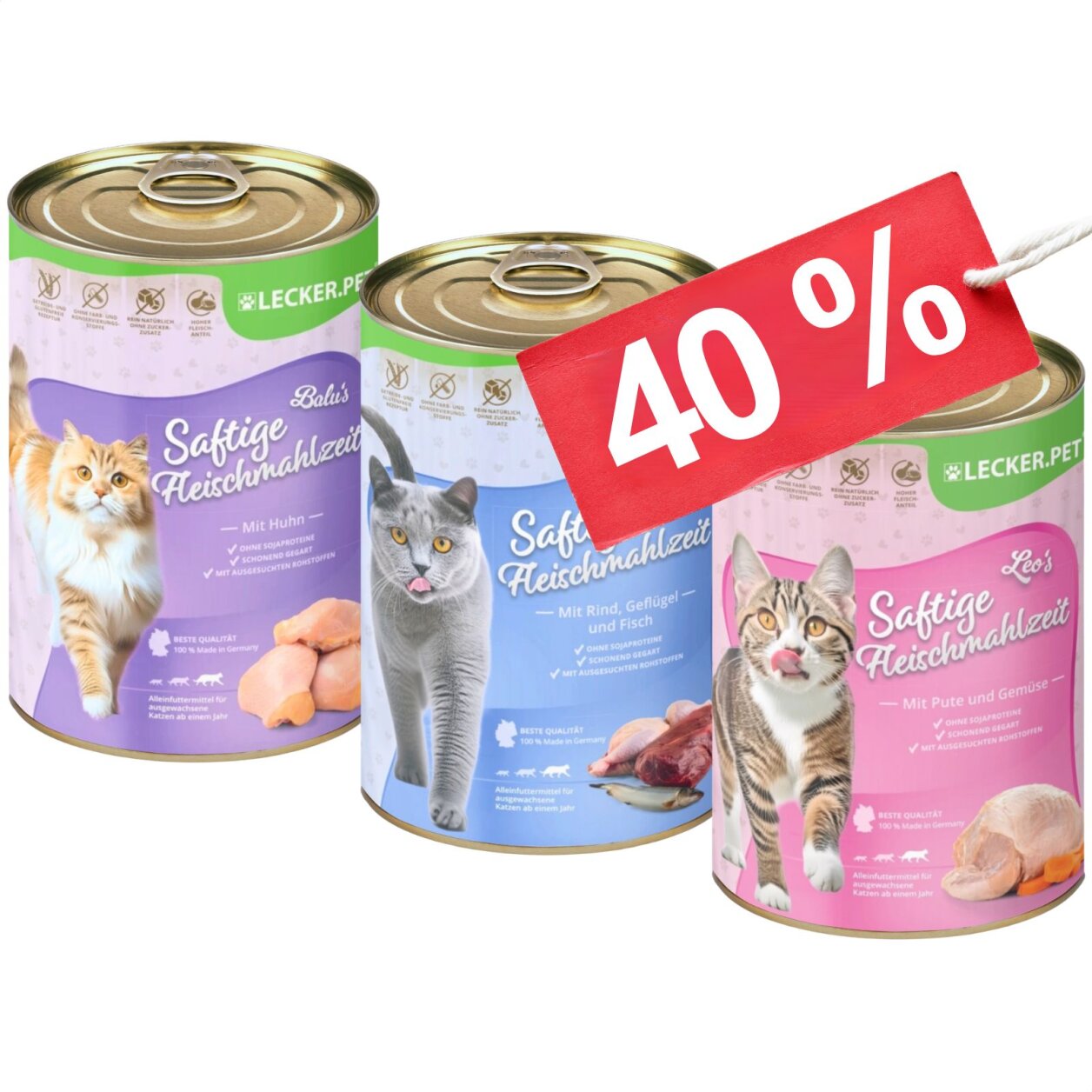 18 x 400 g Lecker.Pet® Balu's, Emily's & Leo's Saftige Fleischmahlzeit Katzenfutter Nassfutter Mix Vollnahrung - je Sorte 6 Dosen MHD 10/2026 von Lecker.Pet
