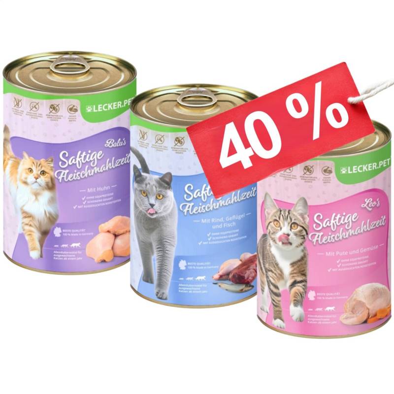 18 x 400 g Lecker.Pet® Balu's, Emily's & Leo's Saftige Fleischmahlzeit Katzenfutter Nassfutter Mix Vollnahrung - je Sorte 6 Dosen MHD 10/2026 von Lecker.Pet