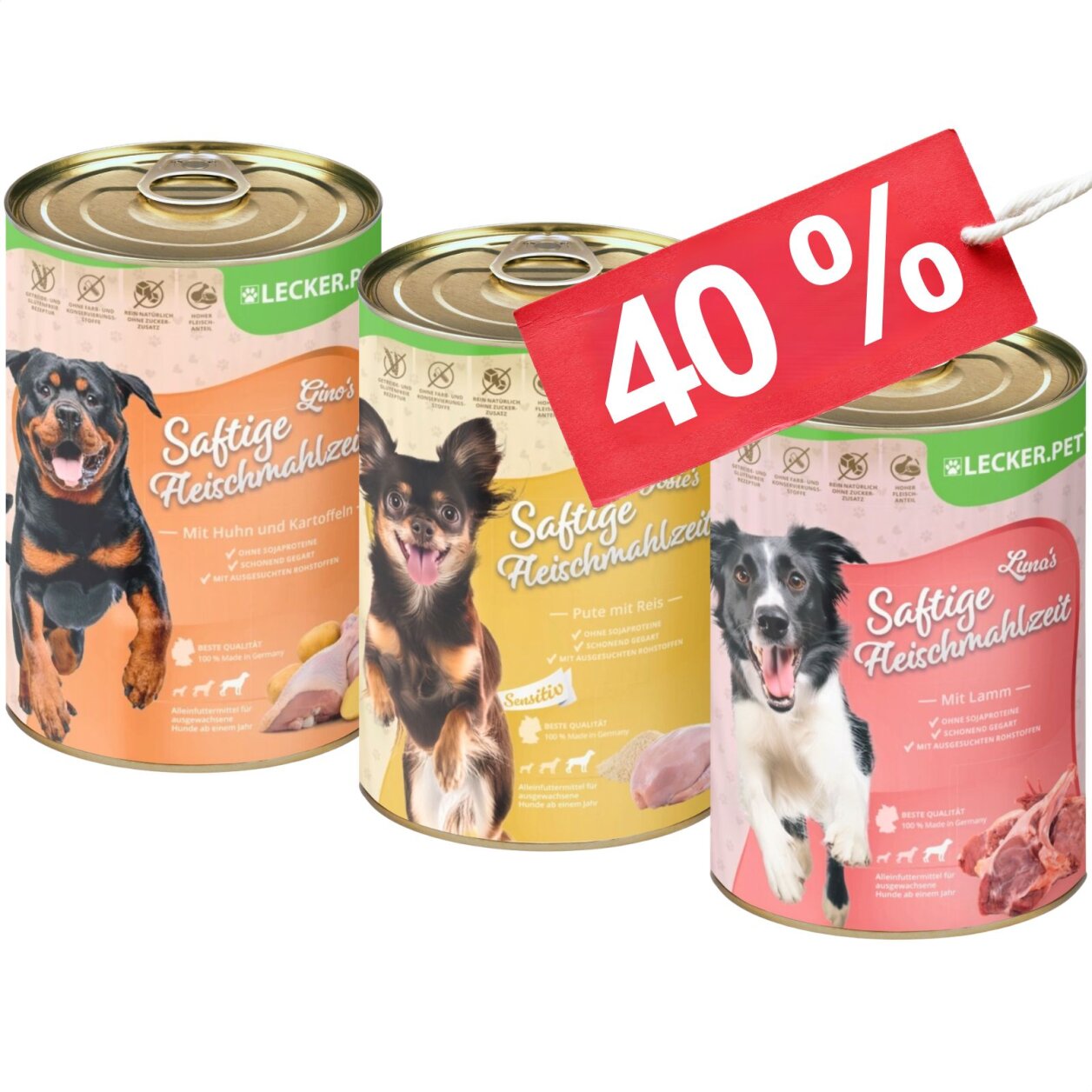 18 x 400 g Lecker.Pet® Gino's, Josie's & Luna's Saftige Fleischmahlzeit Hundefutter Nassfutter Mix Vollnahrung - je Sorte 6 Dosen MHD 10/2026 von Lecker.Pet