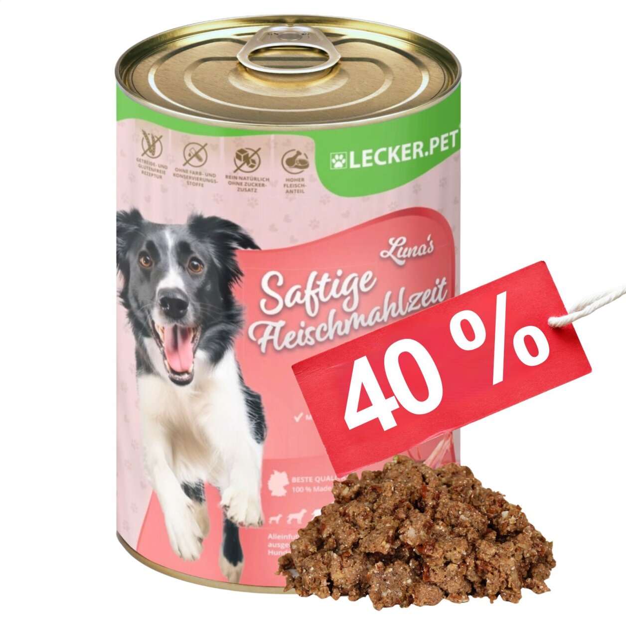 18 x 400 g Lecker.Pet® Luna's Saftige Fleischmahlzeit mit Lamm Hundefutter Nassfutter MHD 10/2026 von Lecker.Pet