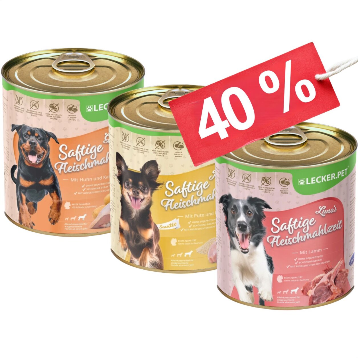 18 x 800 g Lecker.Pet® Gino's, Josie's & Luna's Saftige Fleischmahlzeit Hundefutter Nassfutter Mix Vollnahrung - je Sorte 6 Dosen MHD 10/2026 von Lecker.Pet