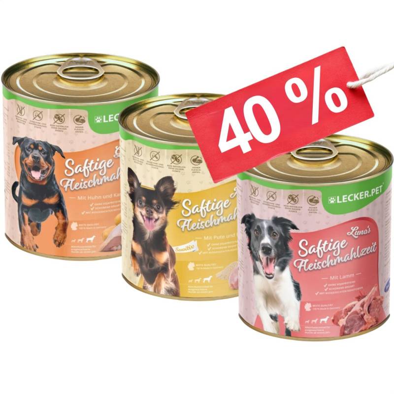 18 x 800 g Lecker.Pet® Gino's, Josie's & Luna's Saftige Fleischmahlzeit Hundefutter Nassfutter Mix Vollnahrung - je Sorte 6 Dosen MHD 10/2026 von Lecker.Pet