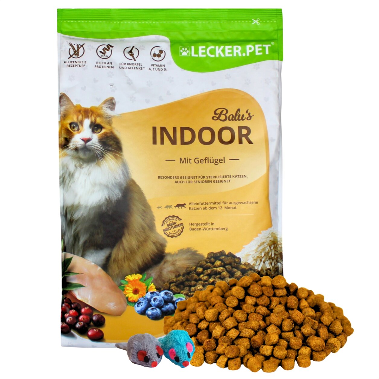 2,5 kg Lecker.Pet® Balu's Indoor Geflügel Katzenfutter Trockenfutter Vollnahrung + 2 Mäuse von Lecker.Pet