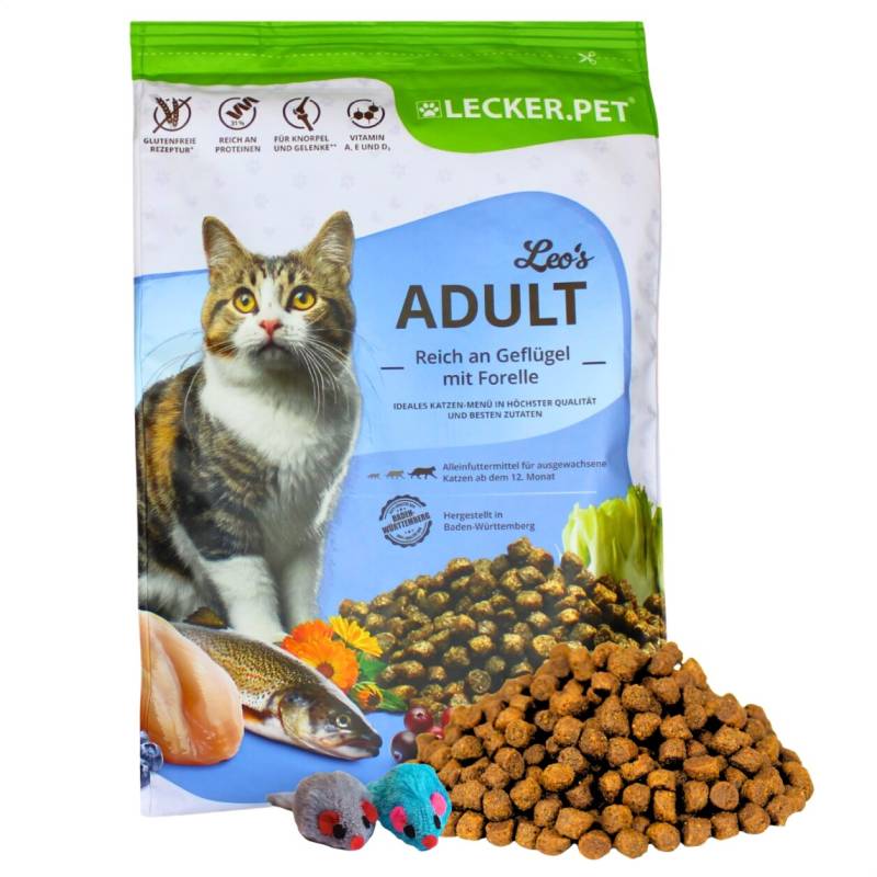 2,5 kg Lecker.Pet® Leo's Adult Geflügel & Forelle Katzenfutter Trockenfutter Vollnahrung + 2 Mäuse von Lecker.Pet