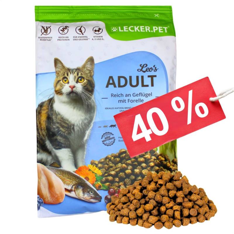 2,5 kg Lecker.Pet® Leo's Adult Geflügel & Forelle Katzenfutter Trockenfutter Vollnahrung MHD 4/2026 von Lecker.Pet