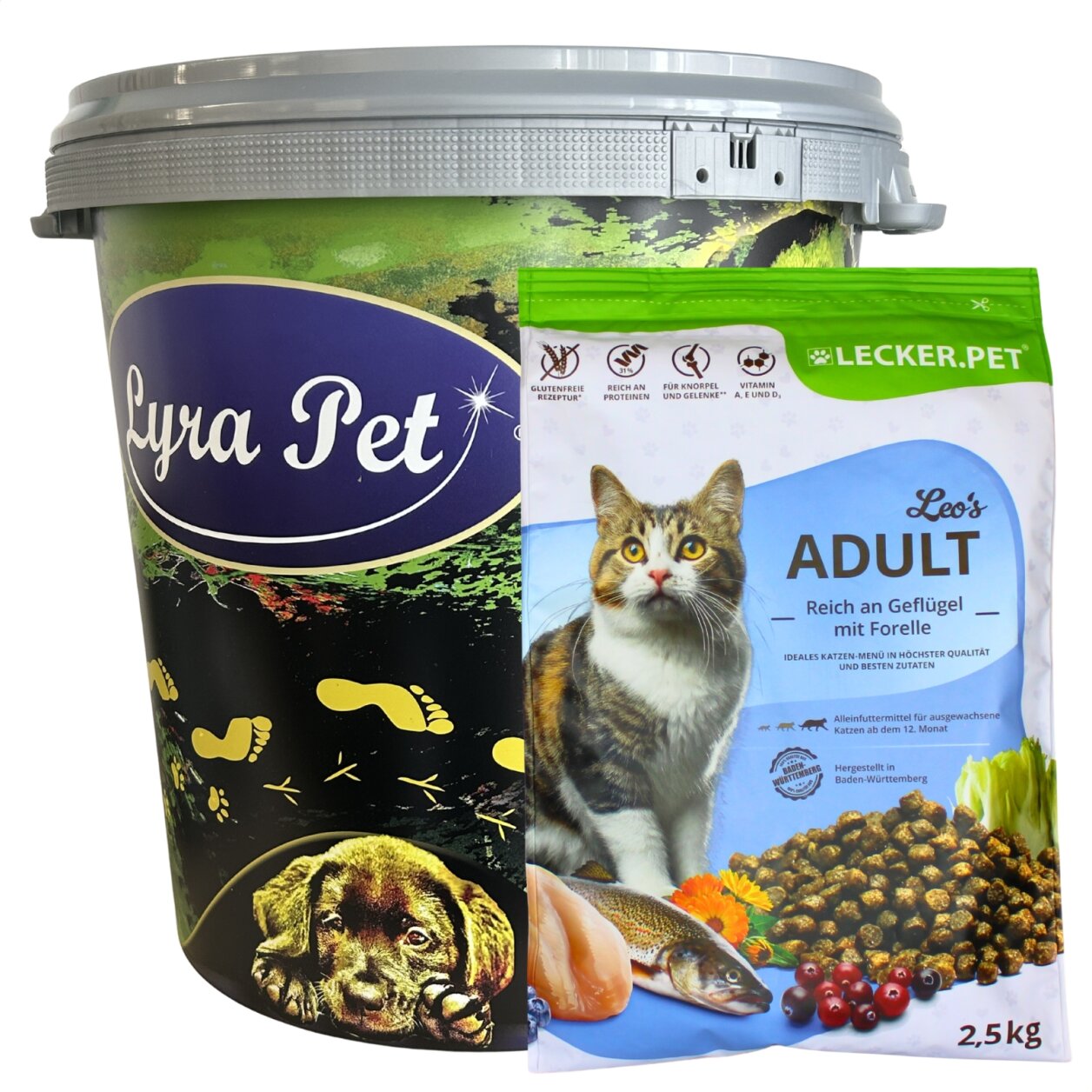 2,5 kg Lecker.Pet® Leo's Adult Geflügel & Forelle Katzenfutter Trockenfutter Vollnahrung in 30 L Tonne von Lecker.Pet