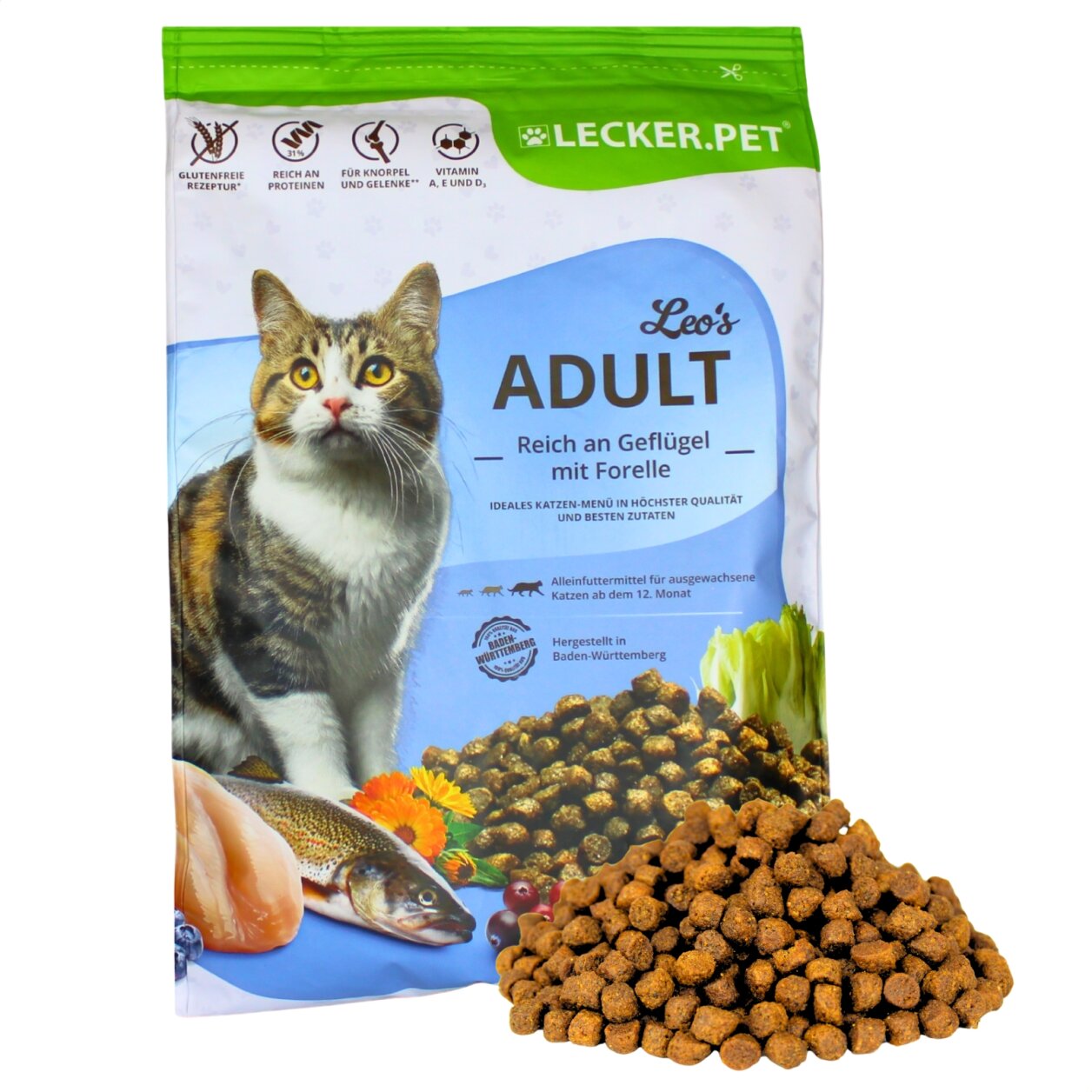 2,5 kg Lecker.Pet® Leo's Adult Geflügel & Forelle Katzenfutter Trockenfutter Vollnahrung von Lecker.Pet