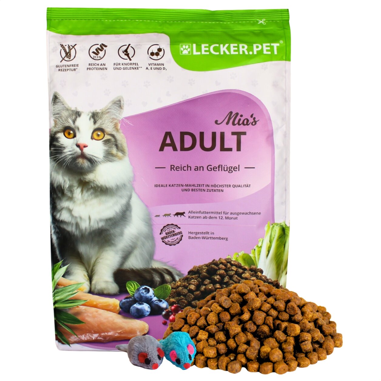2,5 kg Lecker.Pet® Mia's Adult Herzhaftes Geflügel Katzenfutter Trockenfutter Vollnahrung + 2 Mäuse von Lecker.Pet