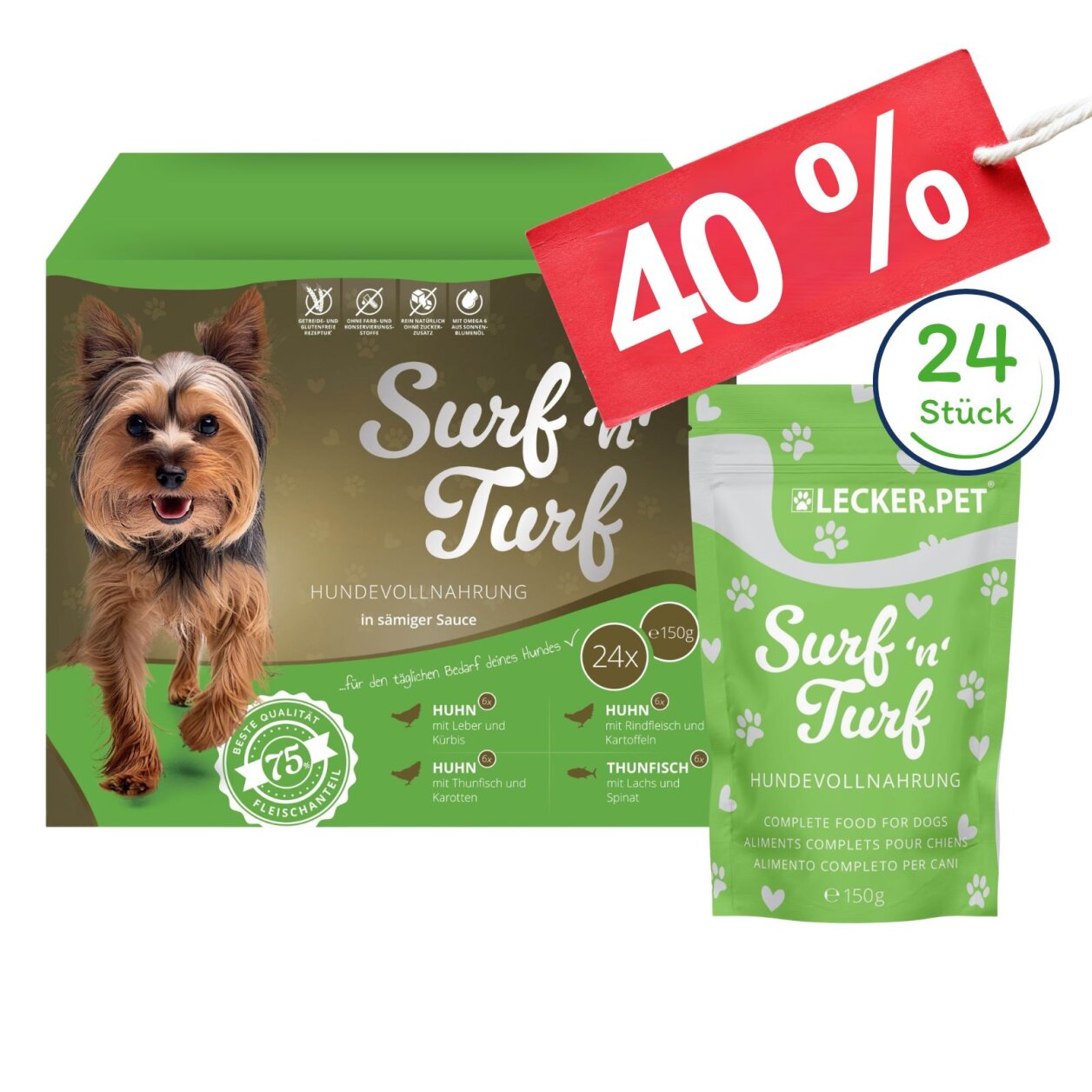 24 x 150 g Lecker.Pet® Surf'n'Turf Pouches Hundefutter Nassfutter - 4 Sorten Multipack MHD 11/2026 von Lecker.Pet
