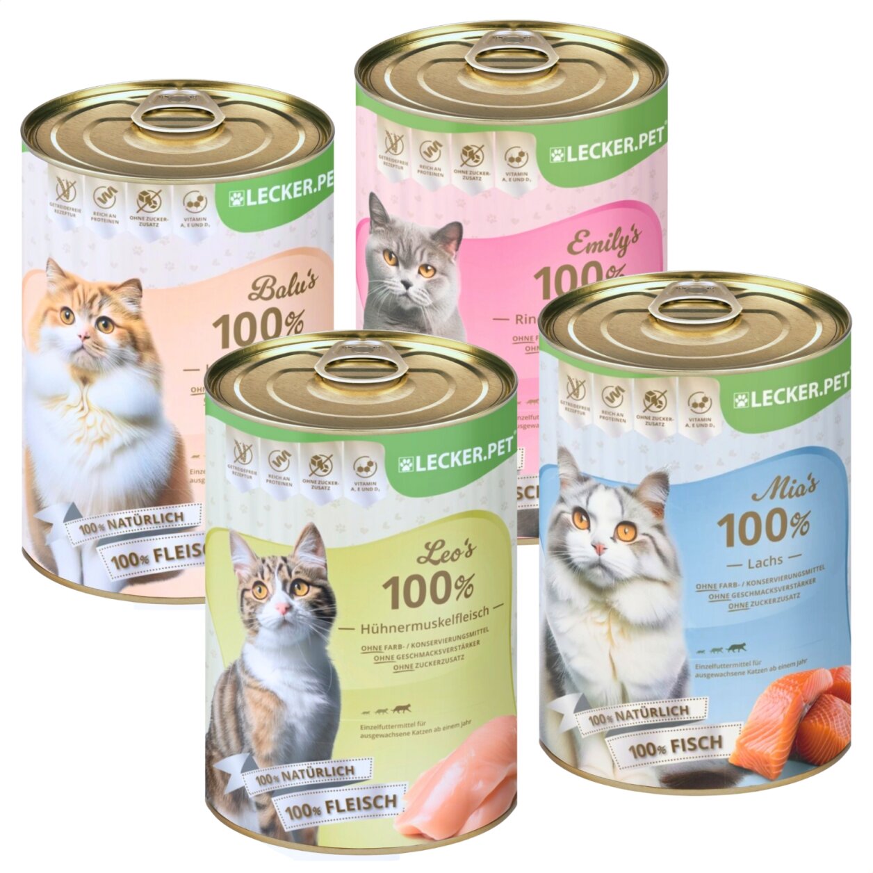 24 x 400 g Lecker.Pet® Balu’s, Emily's, Leo's & Mia's 100 % Fisch & Fleisch Katzenfutter Nassfutter Mix - je Sorte 6 Dosen von Lecker.Pet