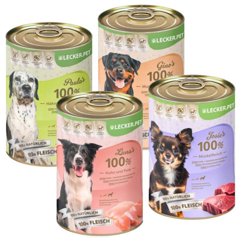 24 x 400 g Lecker.Pet® Gino's, Josie's, Luna's & Paula's 100 % Fleisch & Gemüse Hundefutter Nassfutter Mix - je Sorte 6 Dosen von Lecker.Pet