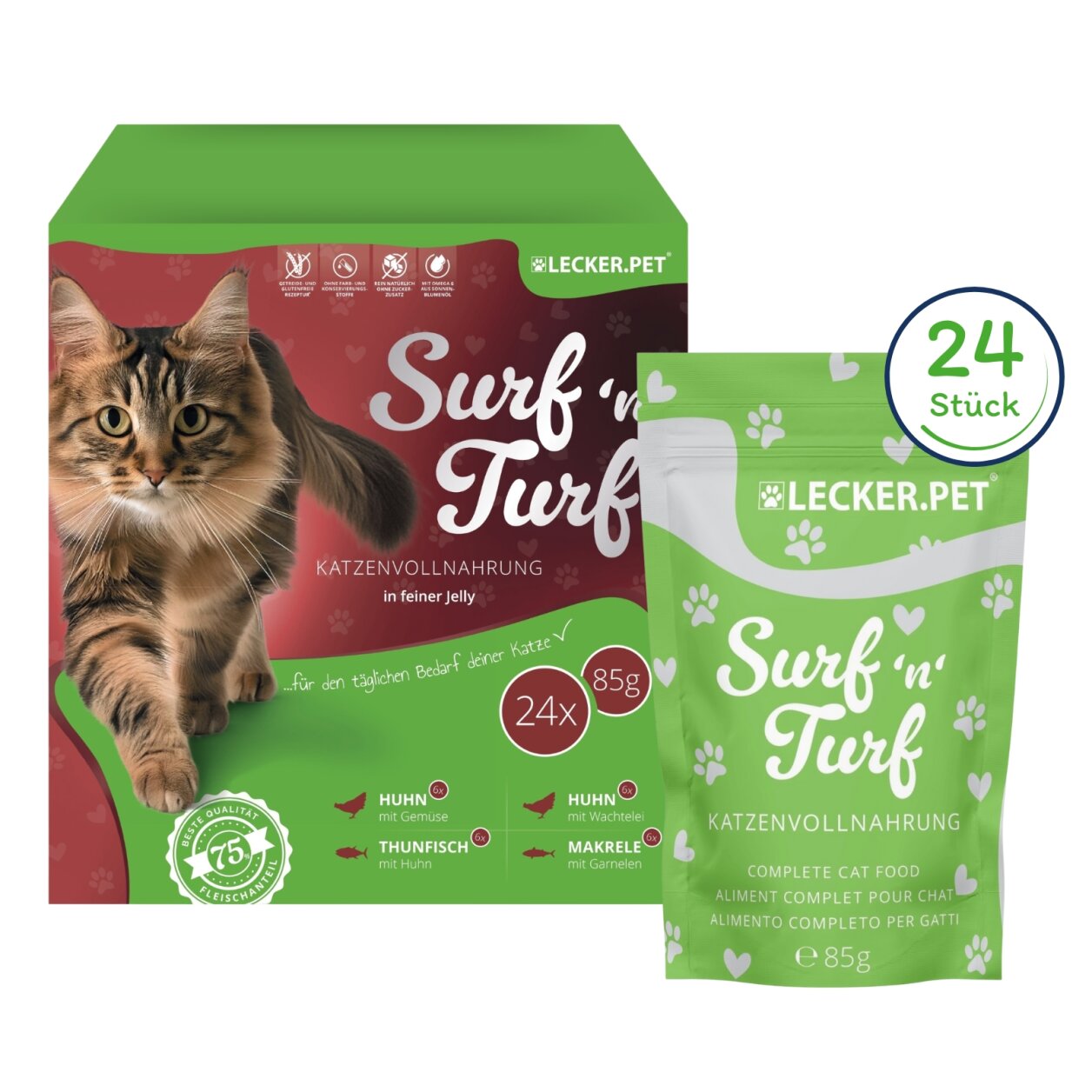 24 x 85 g Lecker.Pet® Surf'n'Turf Pouches Katzenfutter in feiner Jelly Nassfutter - 4 Sorten Multipack MHD 11/2026 B-Ware von Lecker.Pet