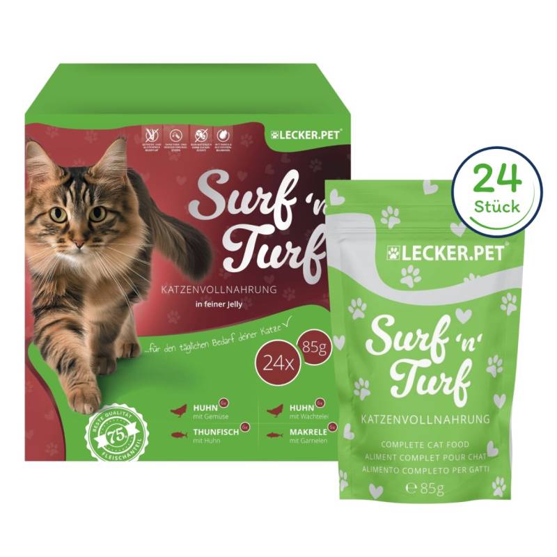 24 x 85 g Lecker.Pet® Surf'n'Turf Pouches Katzenfutter in feiner Jelly Nassfutter - 4 Sorten Multipack MHD 11/2026 B-Ware von Lecker.Pet