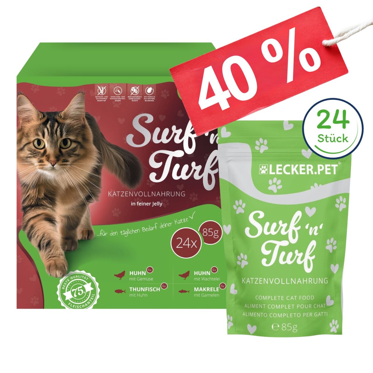 24 x 85 g Lecker.Pet® Surf'n'Turf Pouches Katzenfutter in feiner Jelly Nassfutter - 4 Sorten Multipack MHD 11/2026 von Lecker.Pet