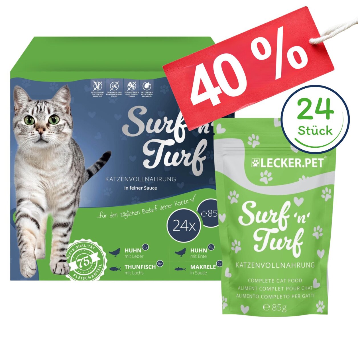 24 x 85 g Lecker.Pet® Surf'n'Turf Pouches Katzenfutter in feiner Sauce Nassfutter - 4 Sorten Multipack MHD 11/2026 von Lecker.Pet