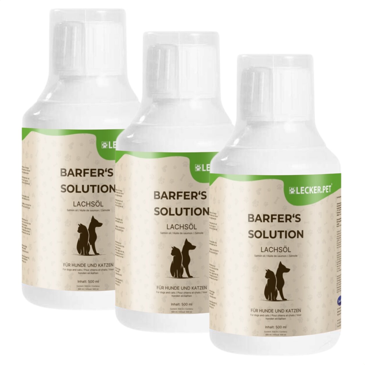 3 x 500 ml Lecker.Pet® Barfer's Solution 100 % Lachsöl für Hunde & Katzen von Lecker.Pet