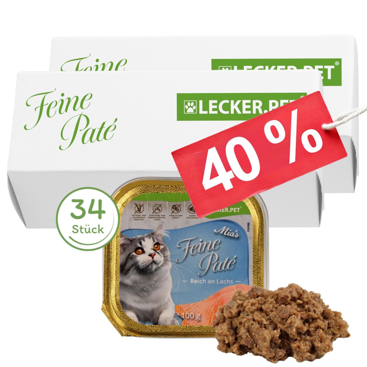 34 x 100 g Lecker.Pet® Mia's Feine Paté Reich an Lachs Katzenfutter Nassfutter Vollnahrung von Lecker.Pet