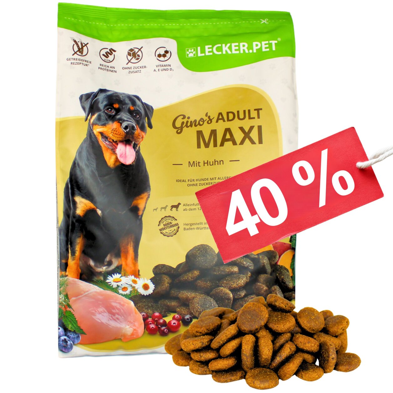 4 kg Lecker.Pet® Gino's Adult Maxi mit Huhn Hundefutter Trockenfutter Vollnahrung MHD 4/2026 von Lecker.Pet