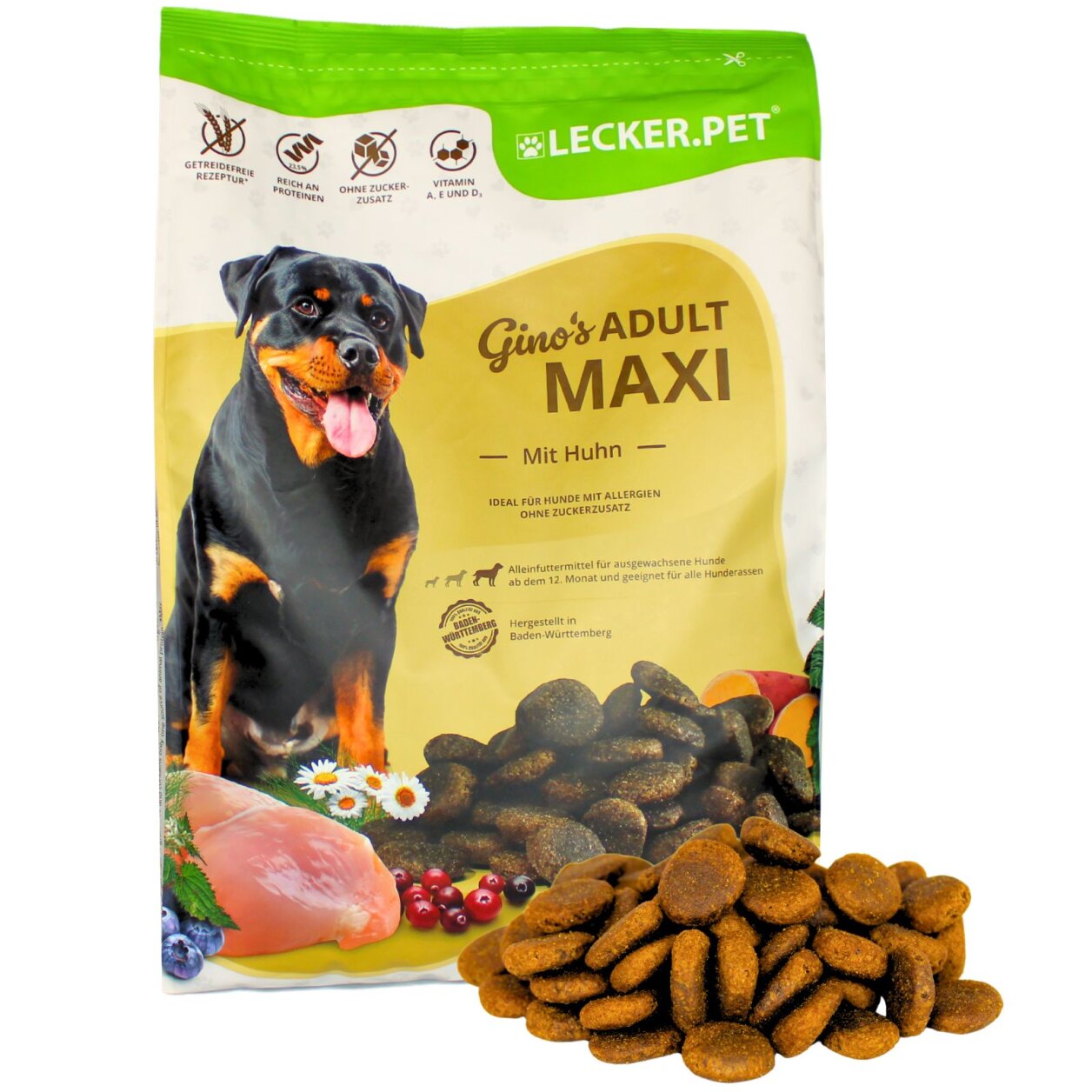 4 kg Lecker.Pet® Gino's Adult Maxi mit Huhn Hundefutter Trockenfutter Vollnahrung von Lecker.Pet