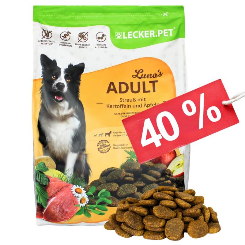 4 kg Lecker.Pet® Luna's Adult Strauß mit Kartoffel & Apfel Hundefutter Trockenfutter Vollnahrung MHD 3/2026 von Lecker.Pet