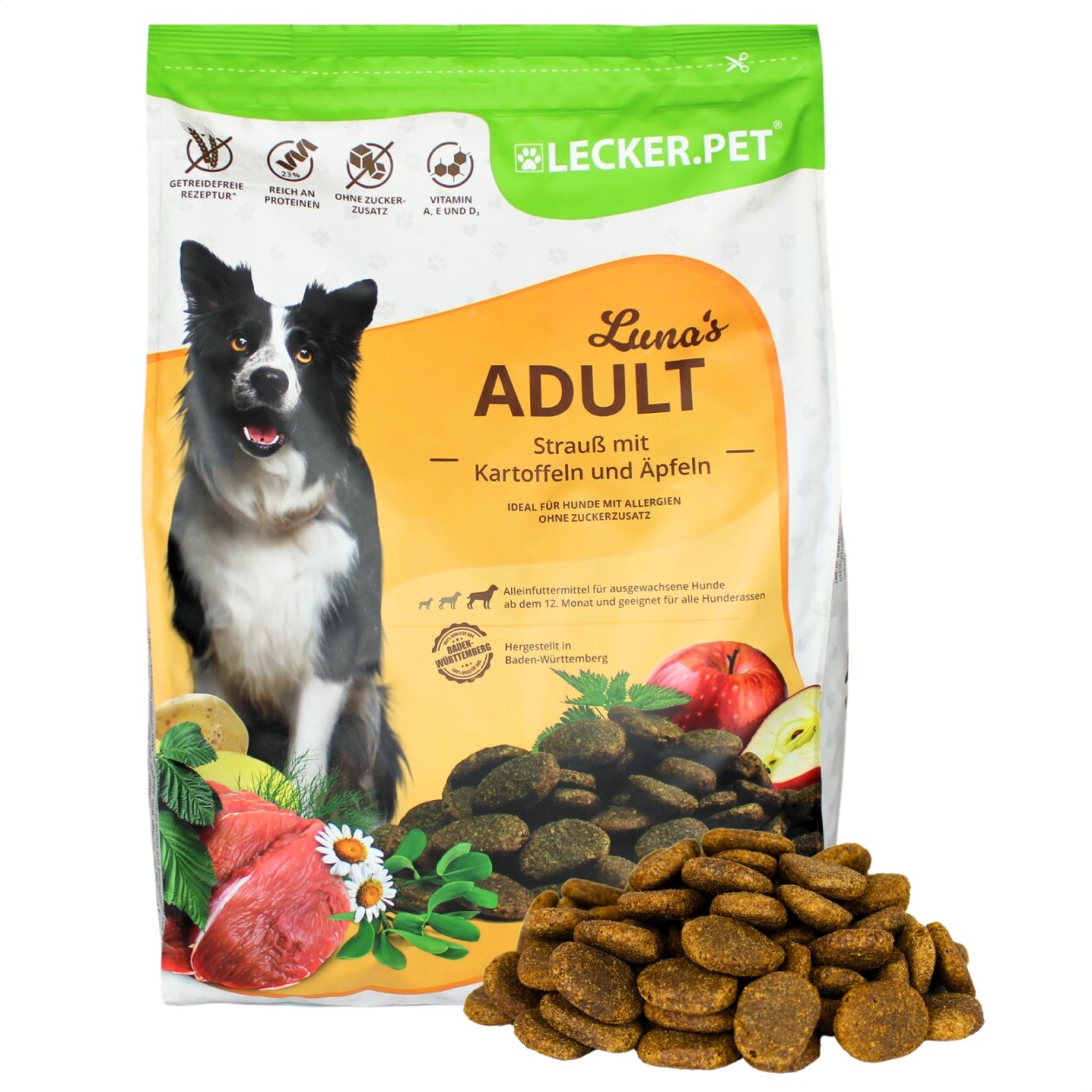 4 kg Lecker.Pet® Luna's Adult Strauß mit Kartoffel & Apfel Hundefutter Trockenfutter Vollnahrung von Lecker.Pet