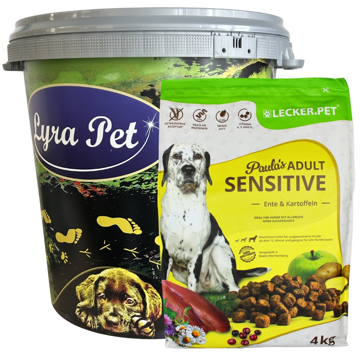 4 kg Lecker.Pet® Paula's Adult Sensitive Ente & Kartoffel Hundefutter Trockenfutter Vollnahrung in 30 L Tonne von Lecker.Pet