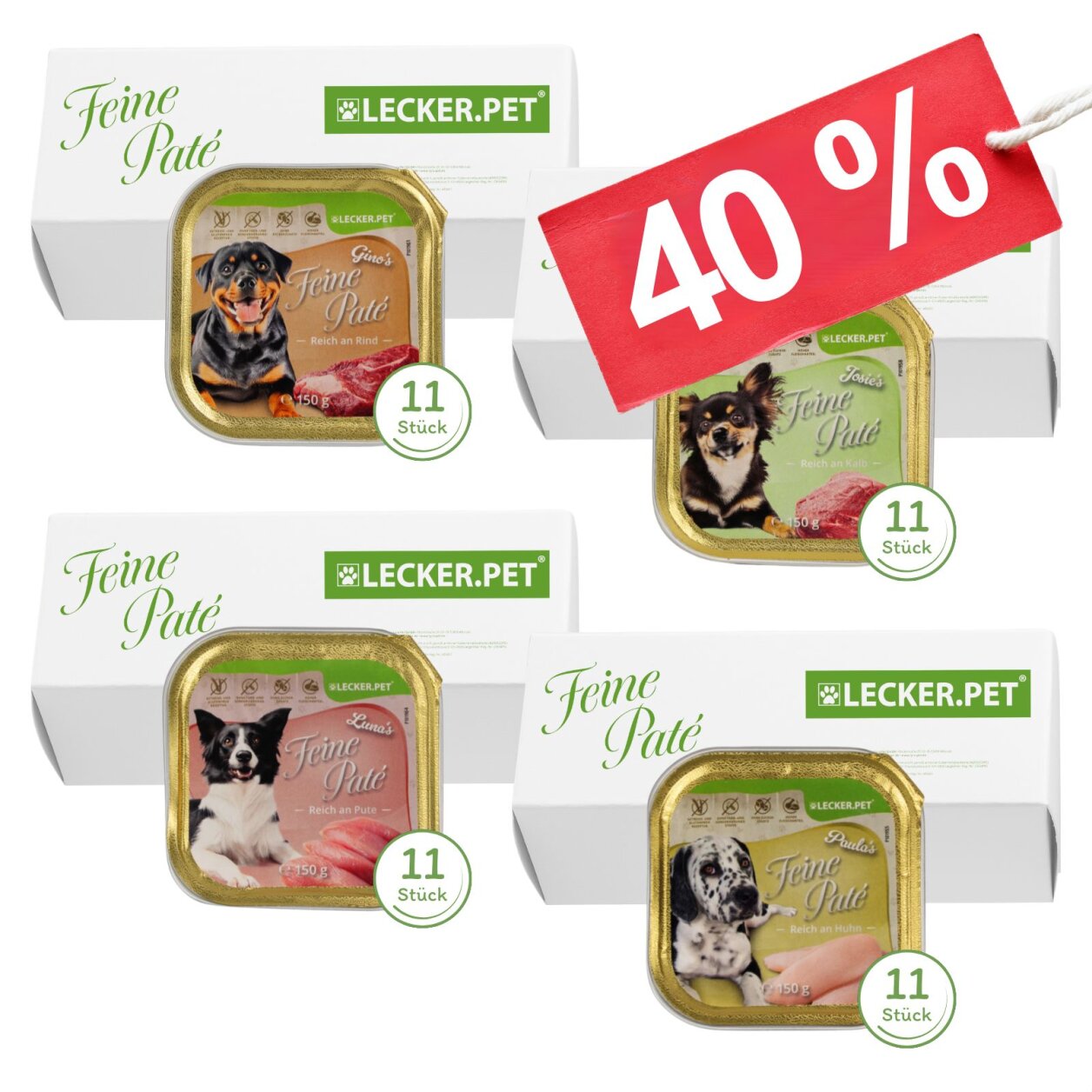 44 x 150 g Lecker.Pet® Gino's, Josie's, Luna's & Paula's Feine Paté Hundefutter Nassfutter Mix Vollnahrung - je Sorte 11 Schalen von Lecker.Pet