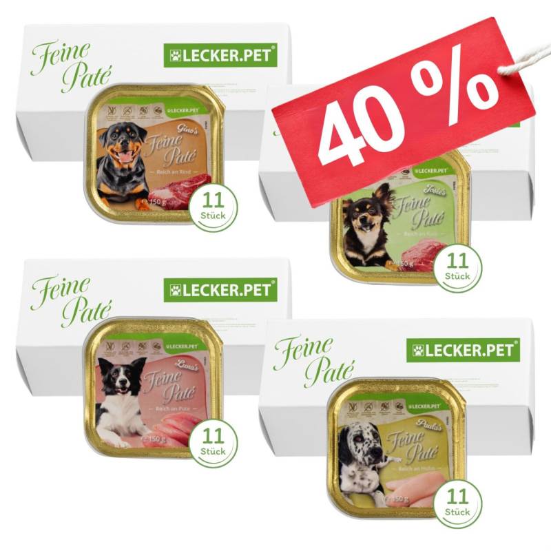 44 x 150 g Lecker.Pet® Gino's, Josie's, Luna's & Paula's Feine Paté Hundefutter Nassfutter Mix Vollnahrung - je Sorte 11 Schalen von Lecker.Pet